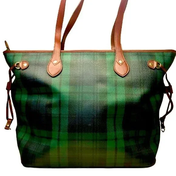 Black Watch Plaid Coated Canvas Leather Oversized Shoulder Bag Metal Feet